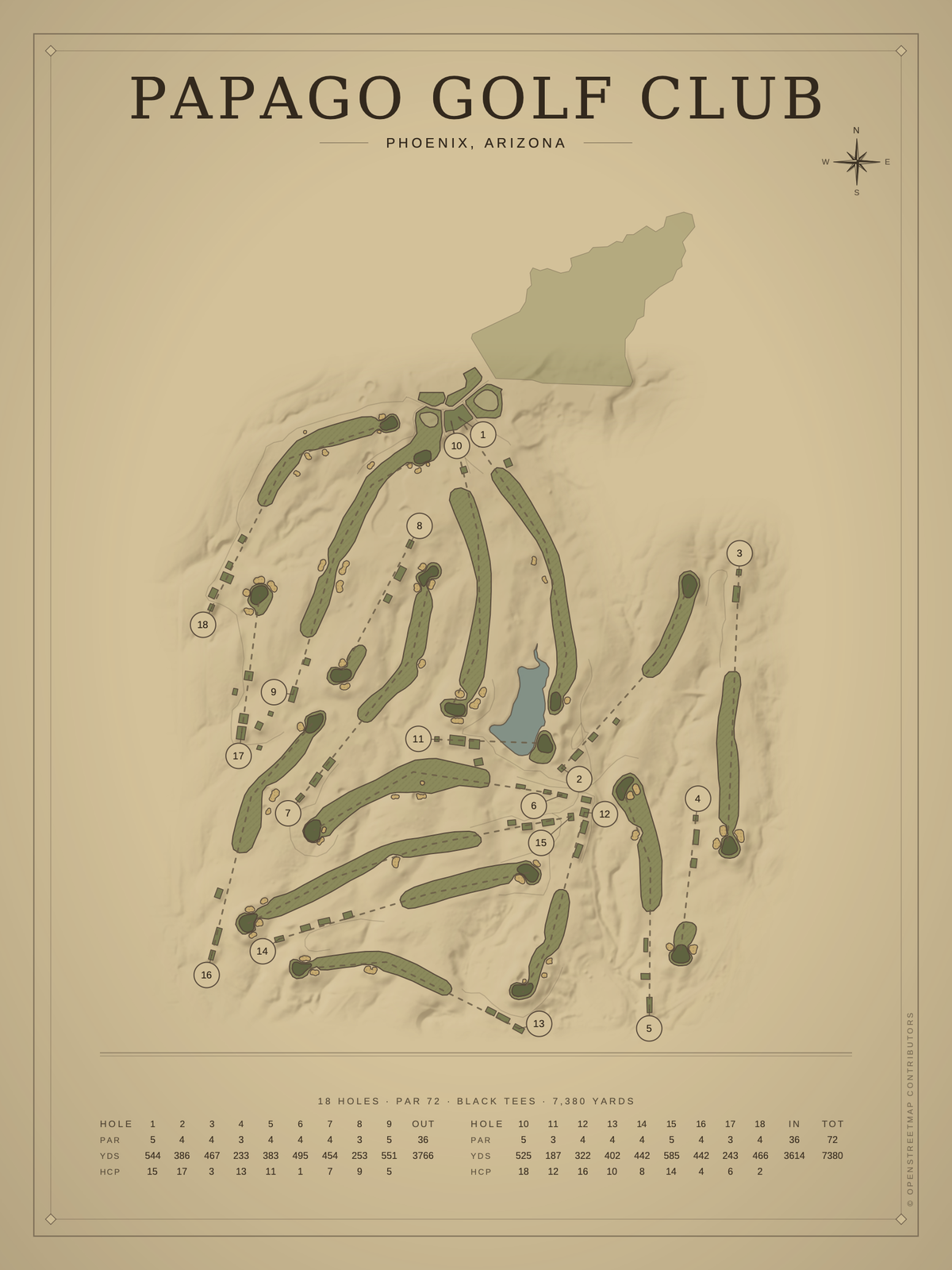 Papago Golf Club course map poster, Vintage style, 12×16 / 18×24