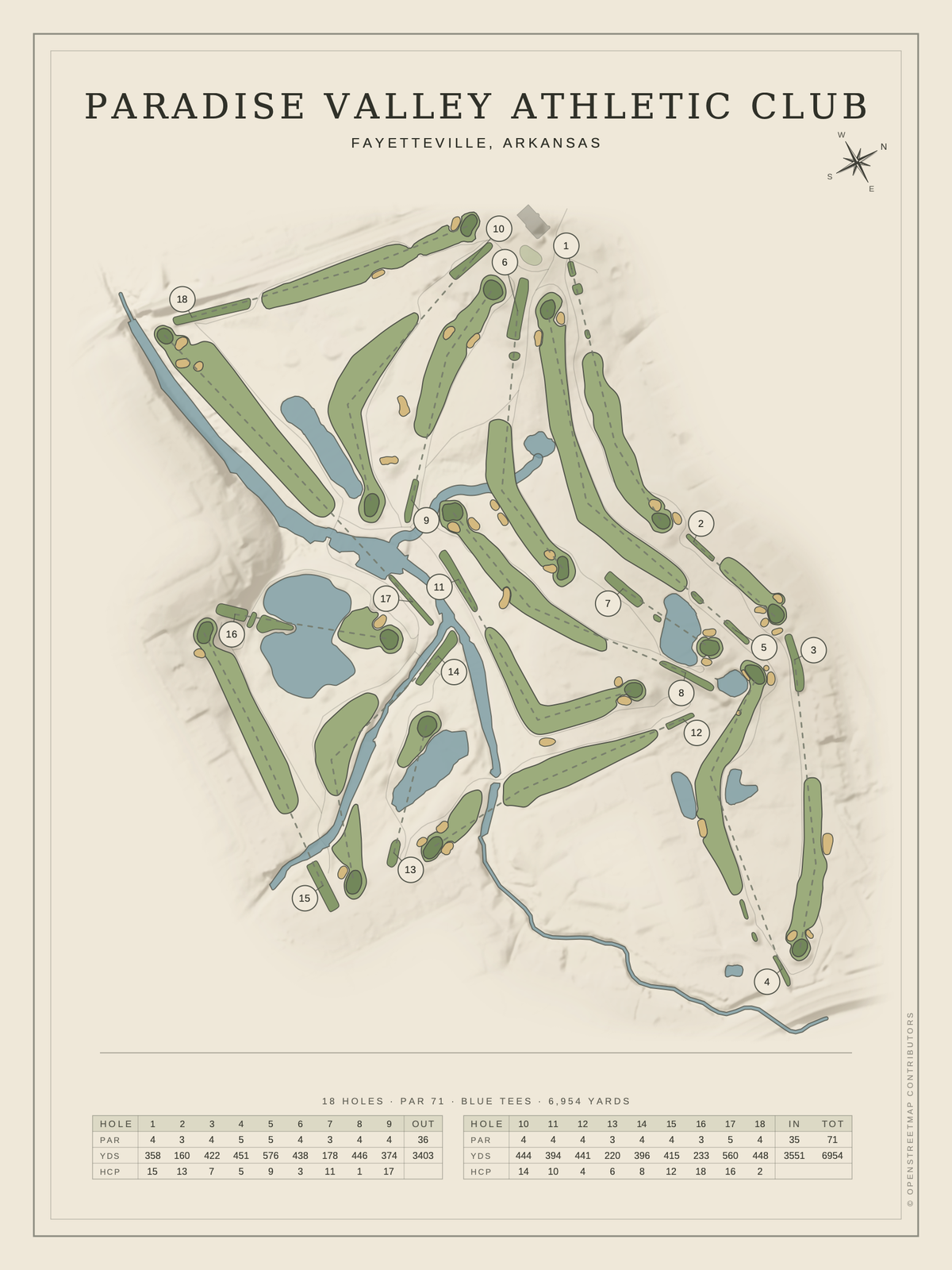 Paradise Valley Athletic Club course map poster, Classic style, 12×16 / 18×24