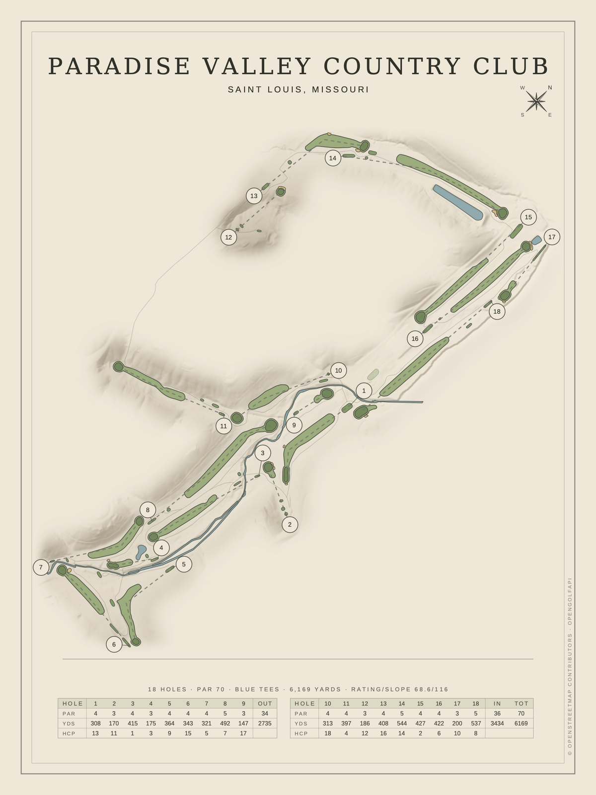 Paradise Valley Country Club course map poster, Classic style, 12×16 / 18×24