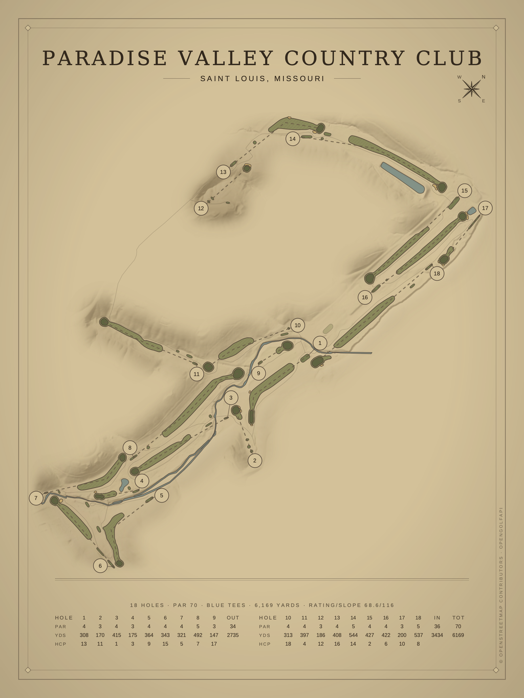 Paradise Valley Country Club course map poster, Vintage style, 12×16 / 18×24