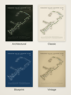 Paradise Valley Country Club course map poster in four styles: Architectural, Classic, Blueprint and Vintage