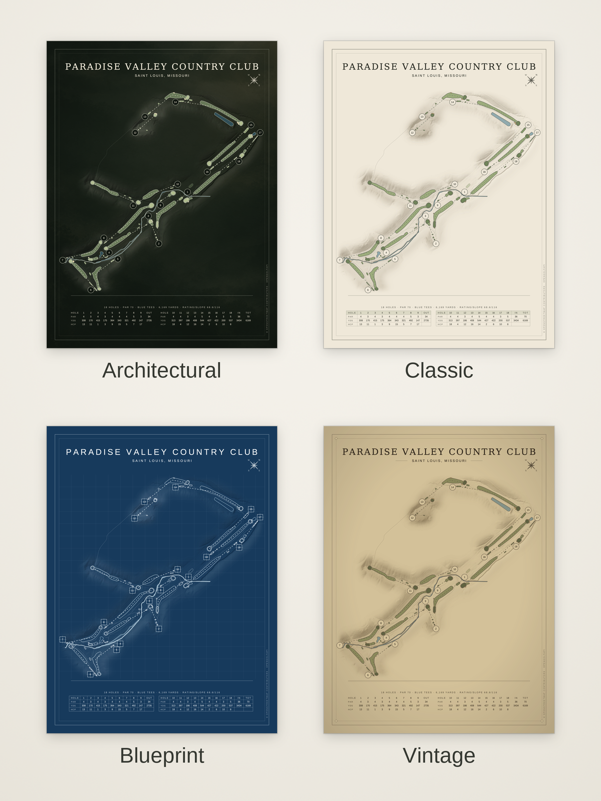 Paradise Valley Country Club course map poster in four styles: Architectural, Classic, Blueprint and Vintage