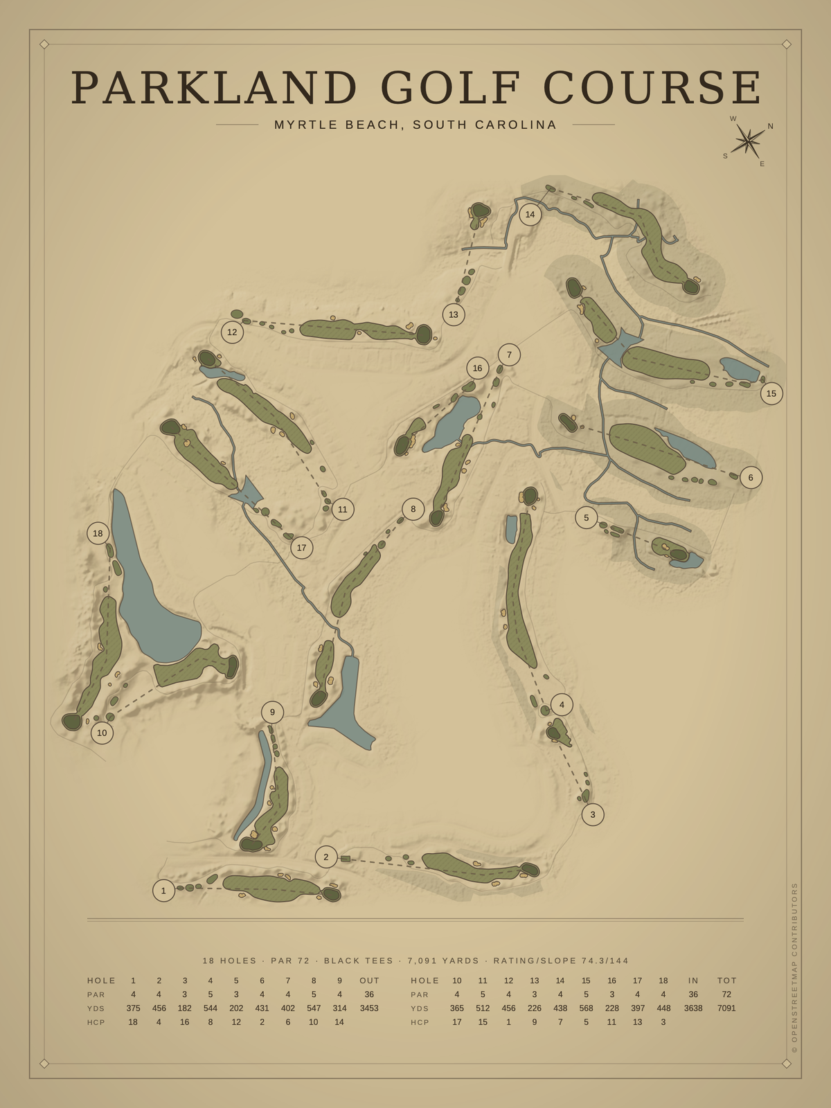 Parkland Golf Course map poster, Vintage style, 12×16 / 18×24