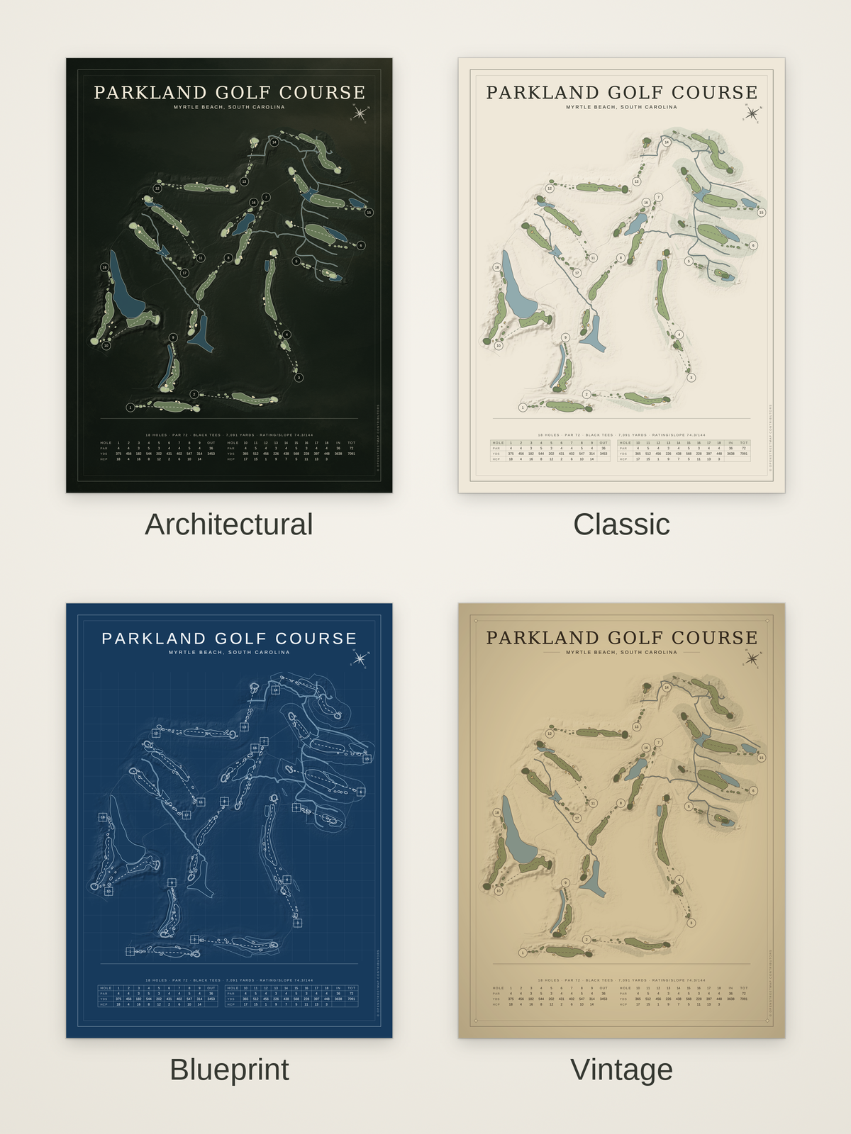 Parkland Golf Course map poster in four styles: Architectural, Classic, Blueprint and Vintage