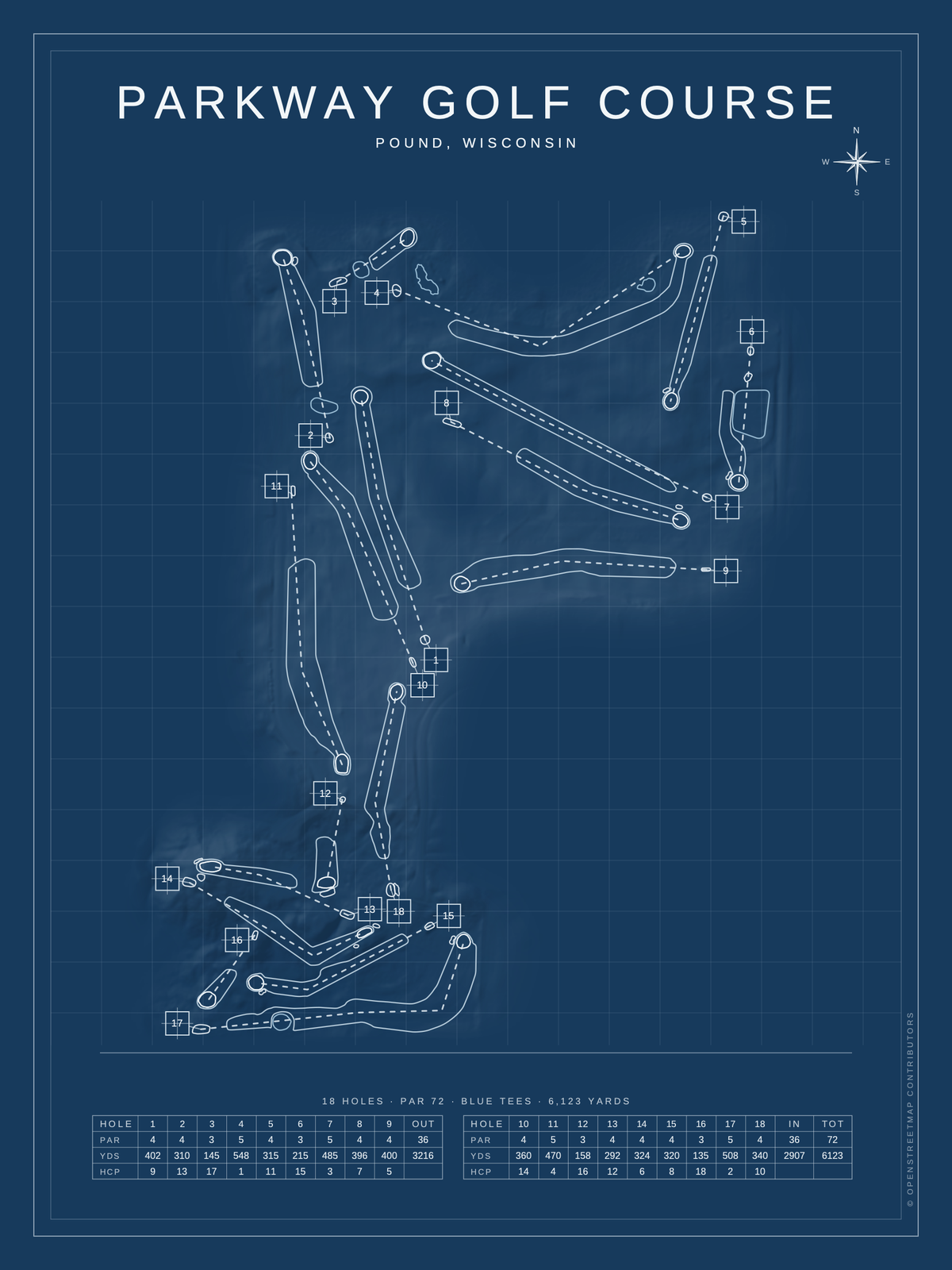 Parkway Golf Course map poster, Blueprint style, 12×16 / 18×24