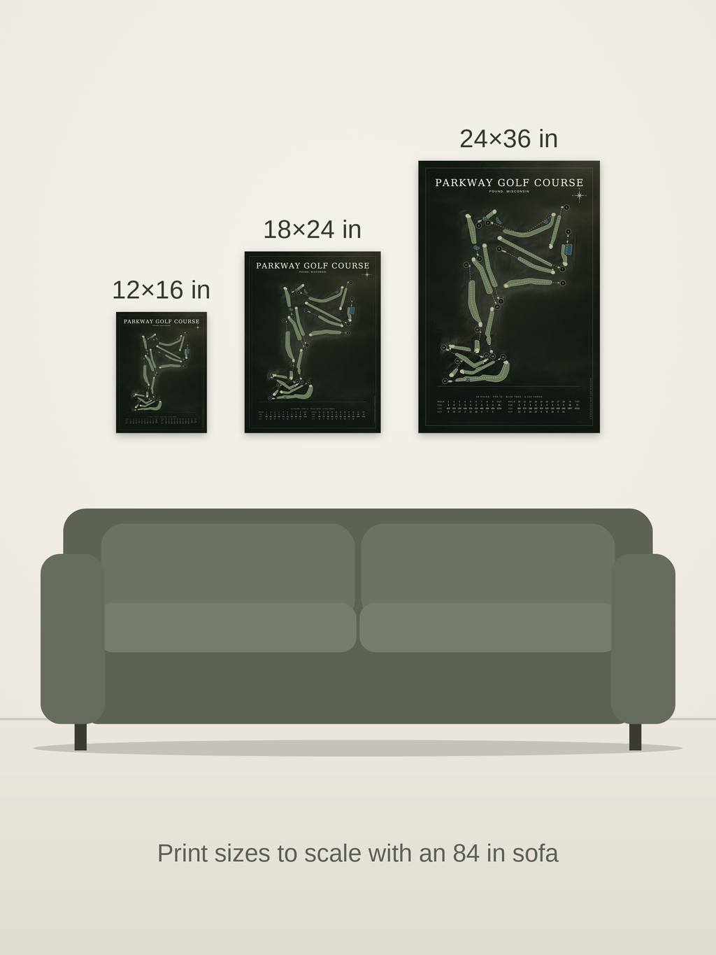 Parkway Golf Course map poster in the Architectural style at 12×16, 18×24 and 24×36 inches, shown to scale on a wall above an 84-inch sofa