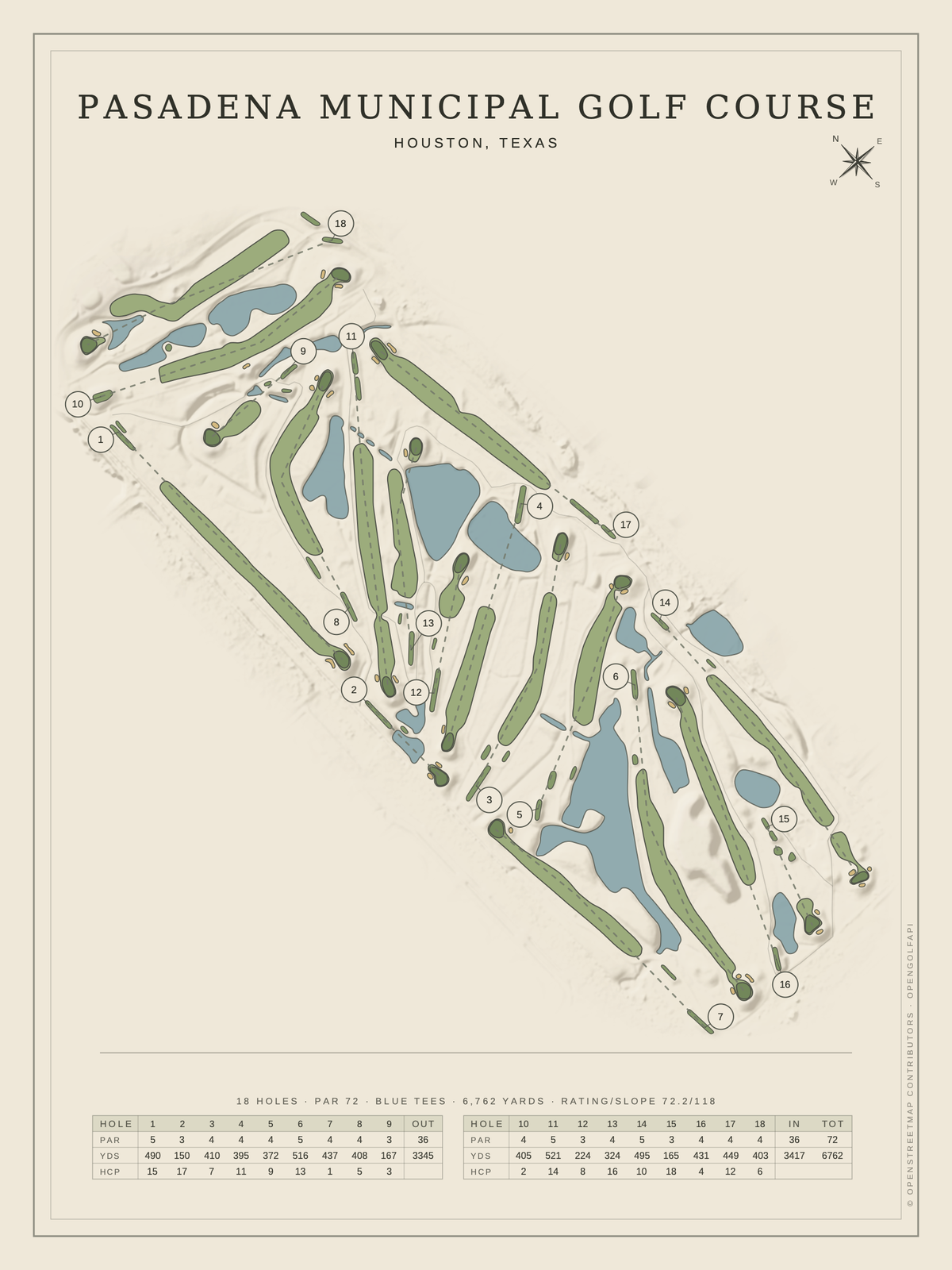 Pasadena Municipal Golf Course map poster, Classic style, 12×16 / 18×24