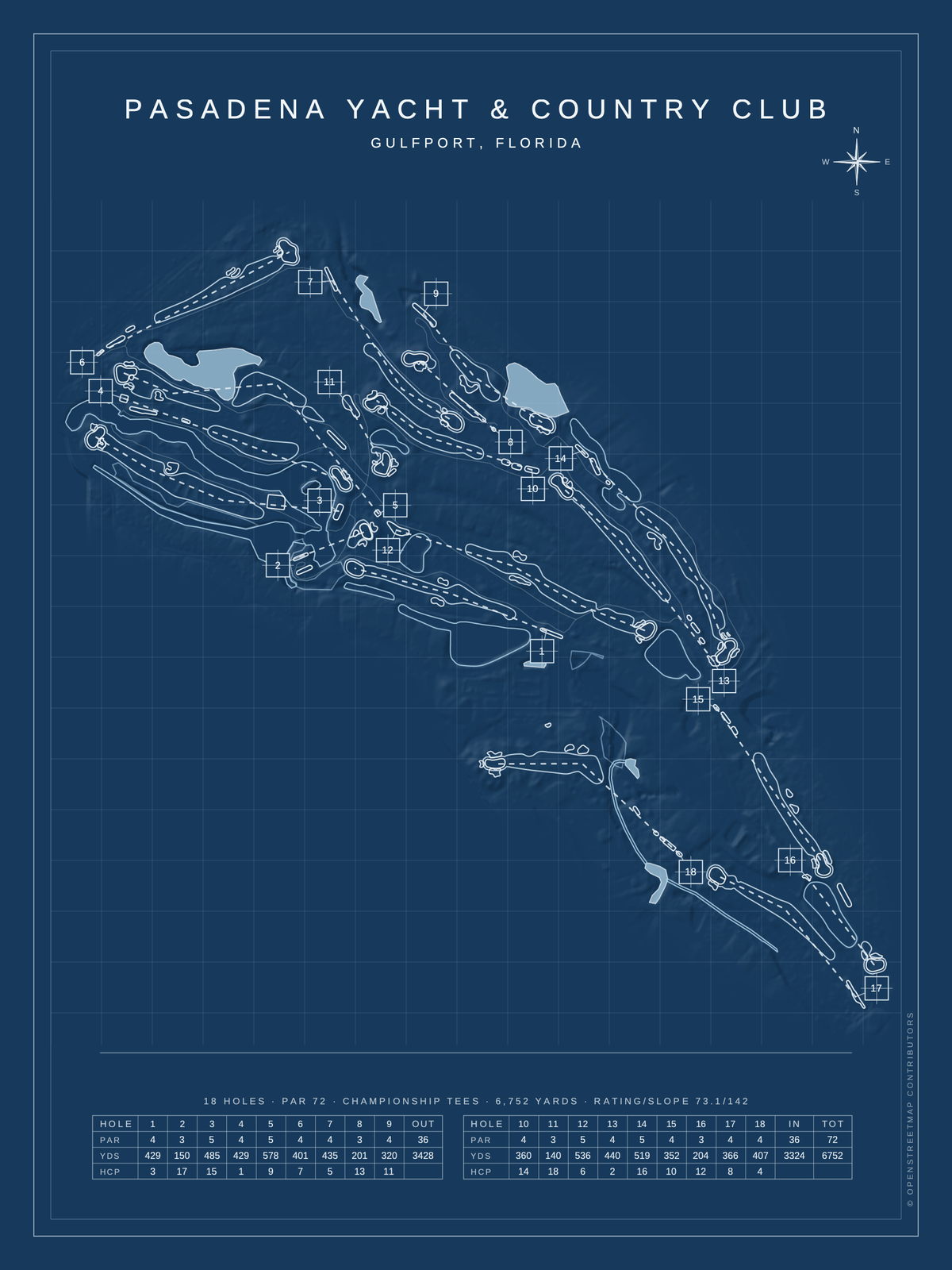 Pasadena Yacht & Country Club Golf course map poster, Blueprint style, 12×16 / 18×24