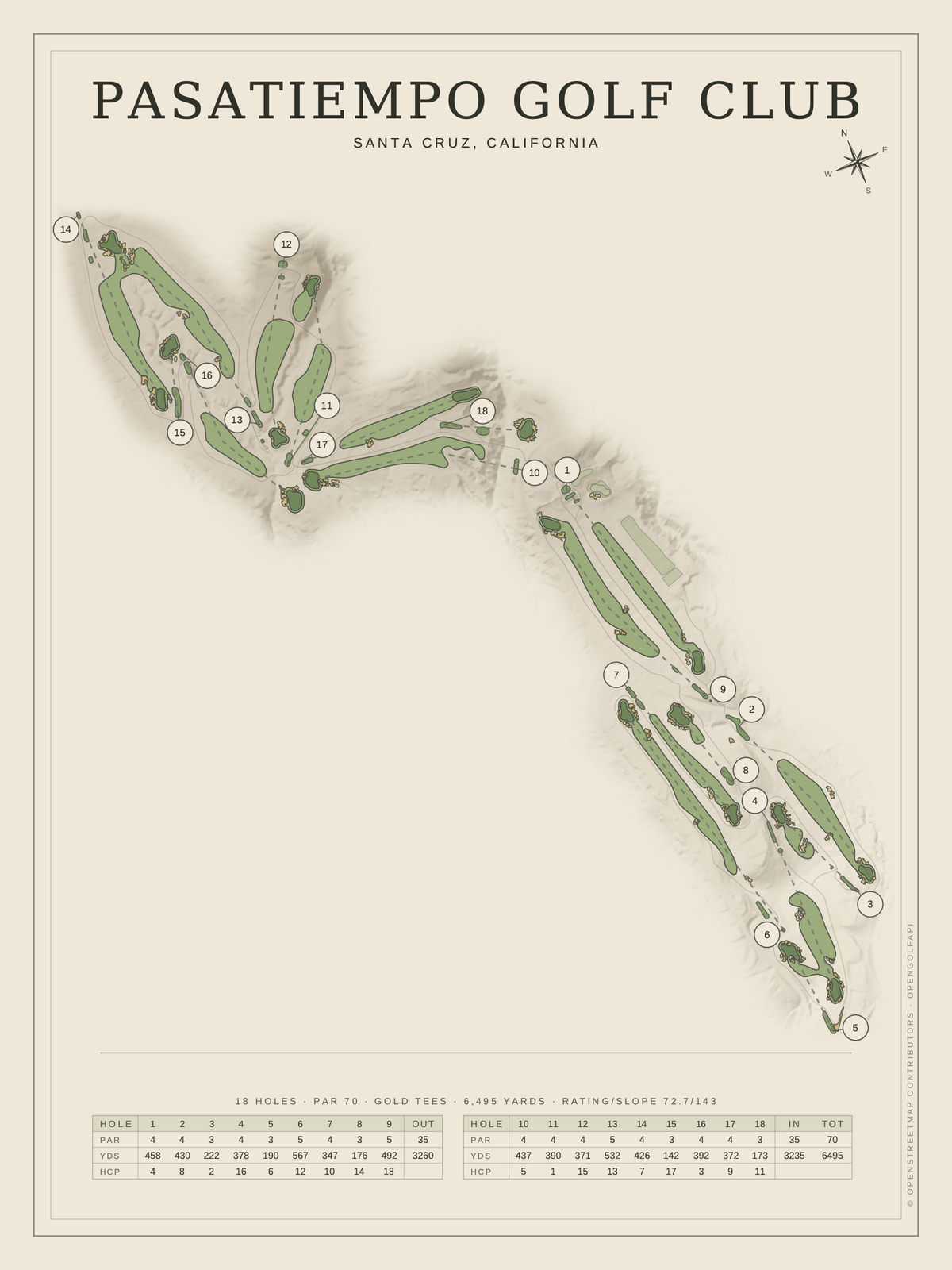 Pasatiempo Golf Club course map poster, Classic style, 12×16 / 18×24