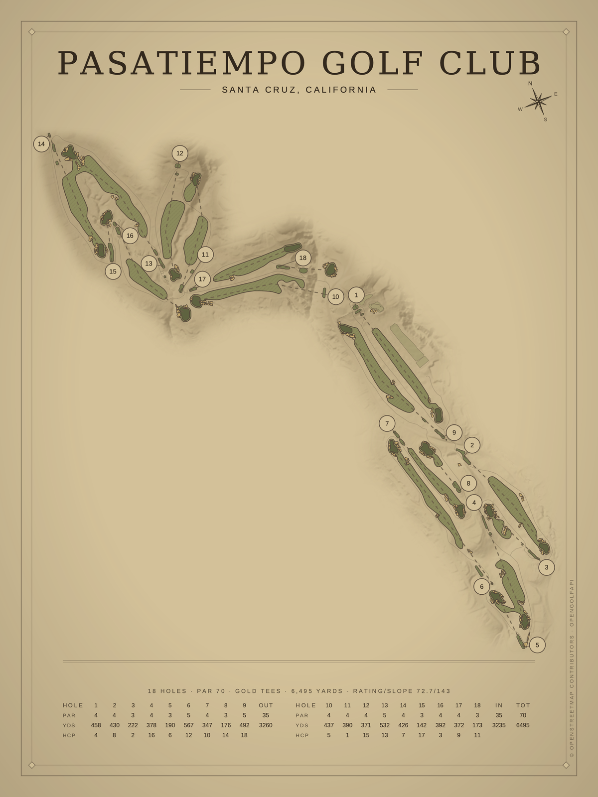 Pasatiempo Golf Club course map poster, Vintage style, 12×16 / 18×24
