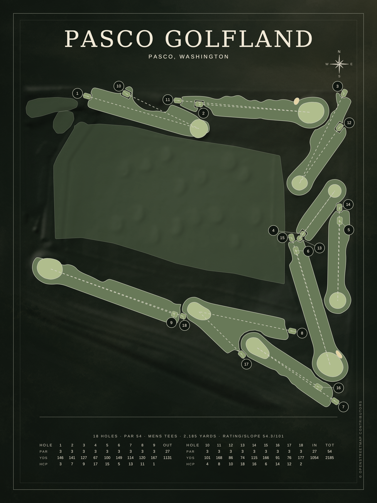 Pasco Golfland course map poster, Architectural style, 12×16 / 18×24