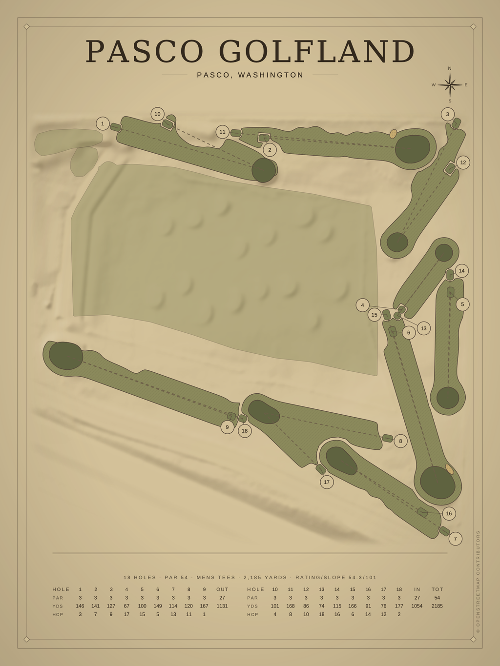 Pasco Golfland course map poster, Vintage style, 12×16 / 18×24