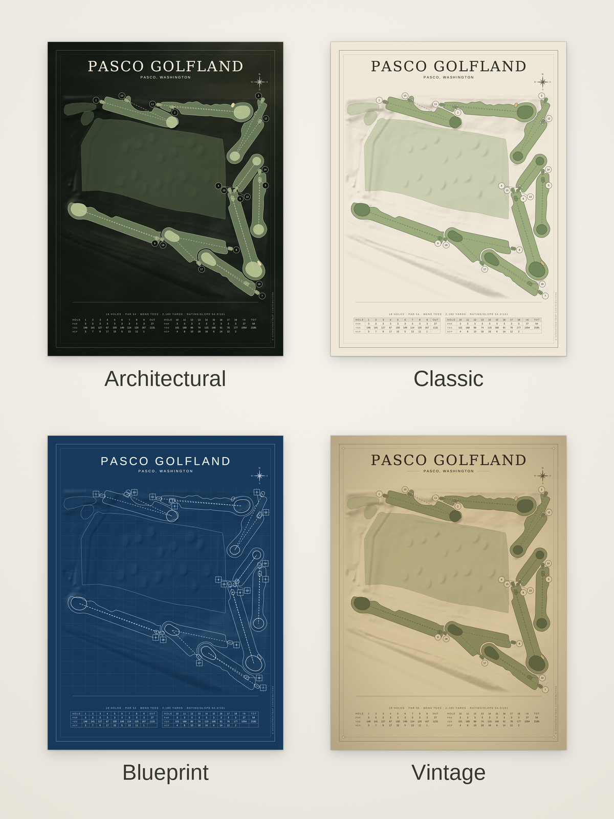 Pasco Golfland course map poster in four styles: Architectural, Classic, Blueprint and Vintage