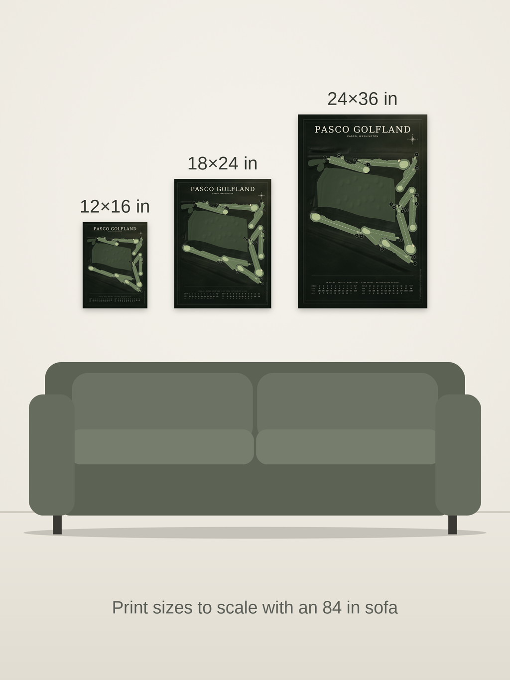 Pasco Golfland course map poster in the Architectural style at 12×16, 18×24 and 24×36 inches, shown to scale on a wall above an 84-inch sofa