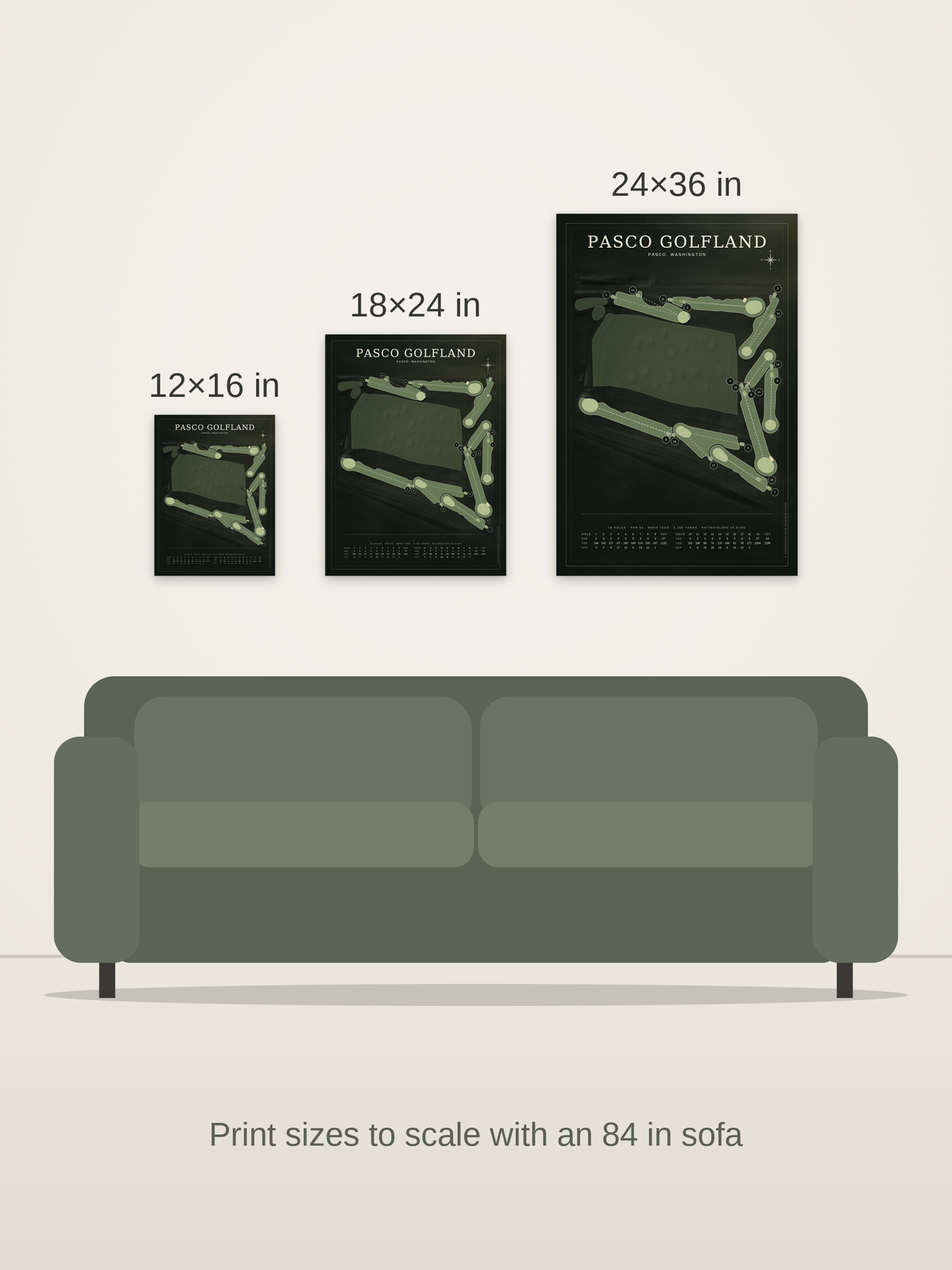 Pasco Golfland course map poster in the Architectural style at 12×16, 18×24 and 24×36 inches, shown to scale on a wall above an 84-inch sofa
