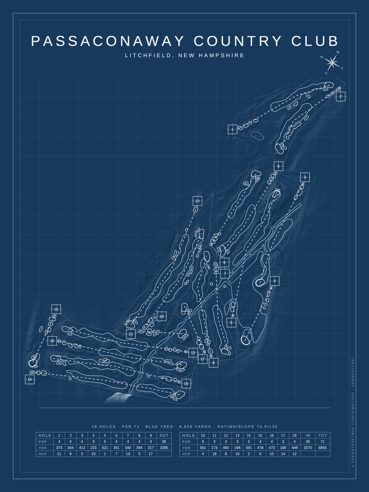 Passaconaway Country Club course map poster, Blueprint style, 12×16 / 18×24