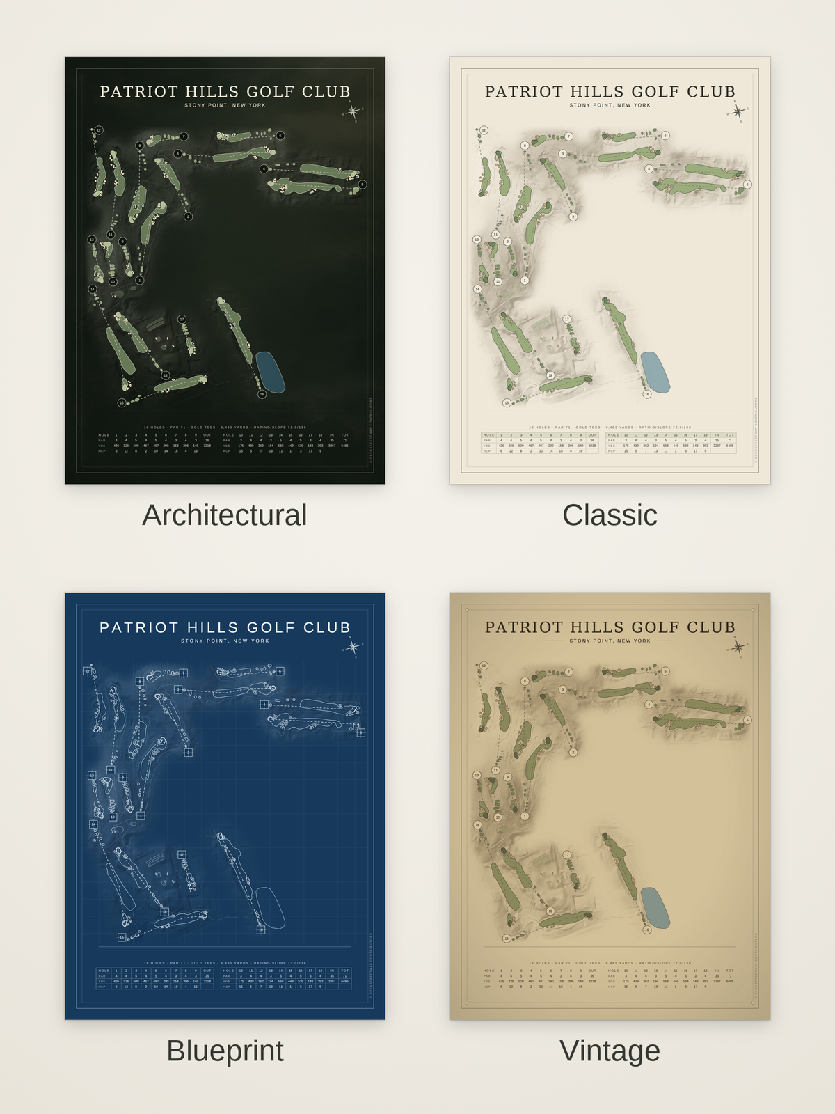 Patriot Hills Golf Club course map poster in four styles: Architectural, Classic, Blueprint and Vintage