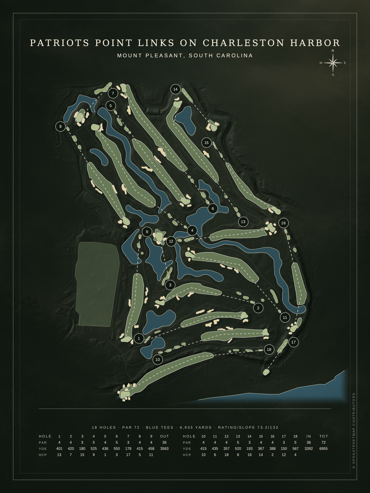 Patriots Point Links on Charleston Harbor course map poster, Architectural style, 12×16 / 18×24