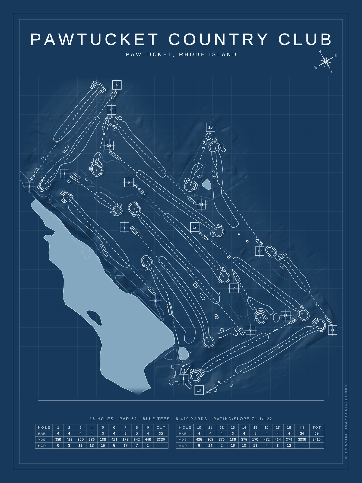 Pawtucket Country Club course map poster, Blueprint style, 12×16 / 18×24