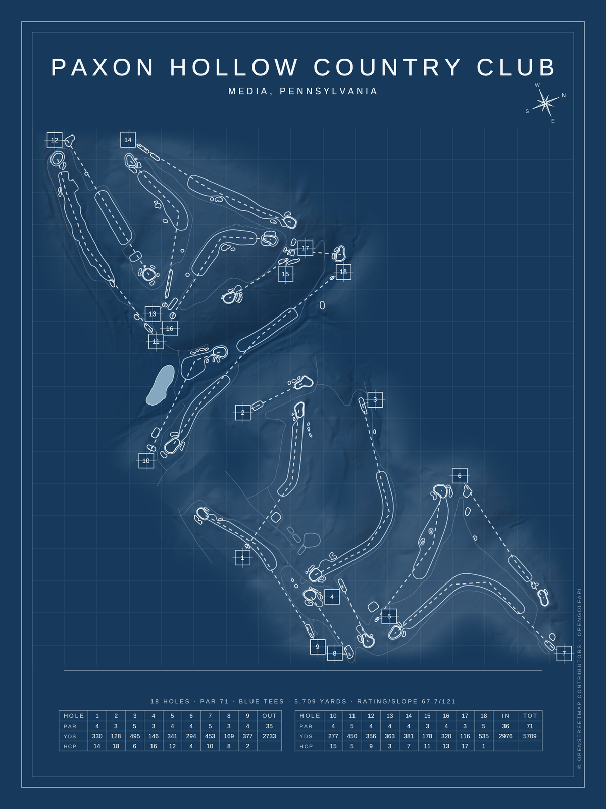 Paxon Hollow Country Club course map poster, Blueprint style, 12×16 / 18×24
