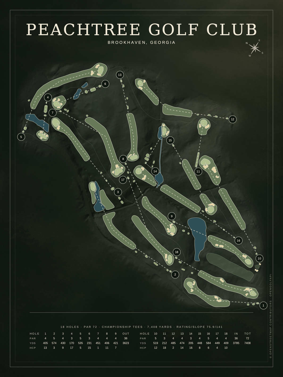 Peachtree Golf Club course map poster, Architectural style, 12×16 / 18×24