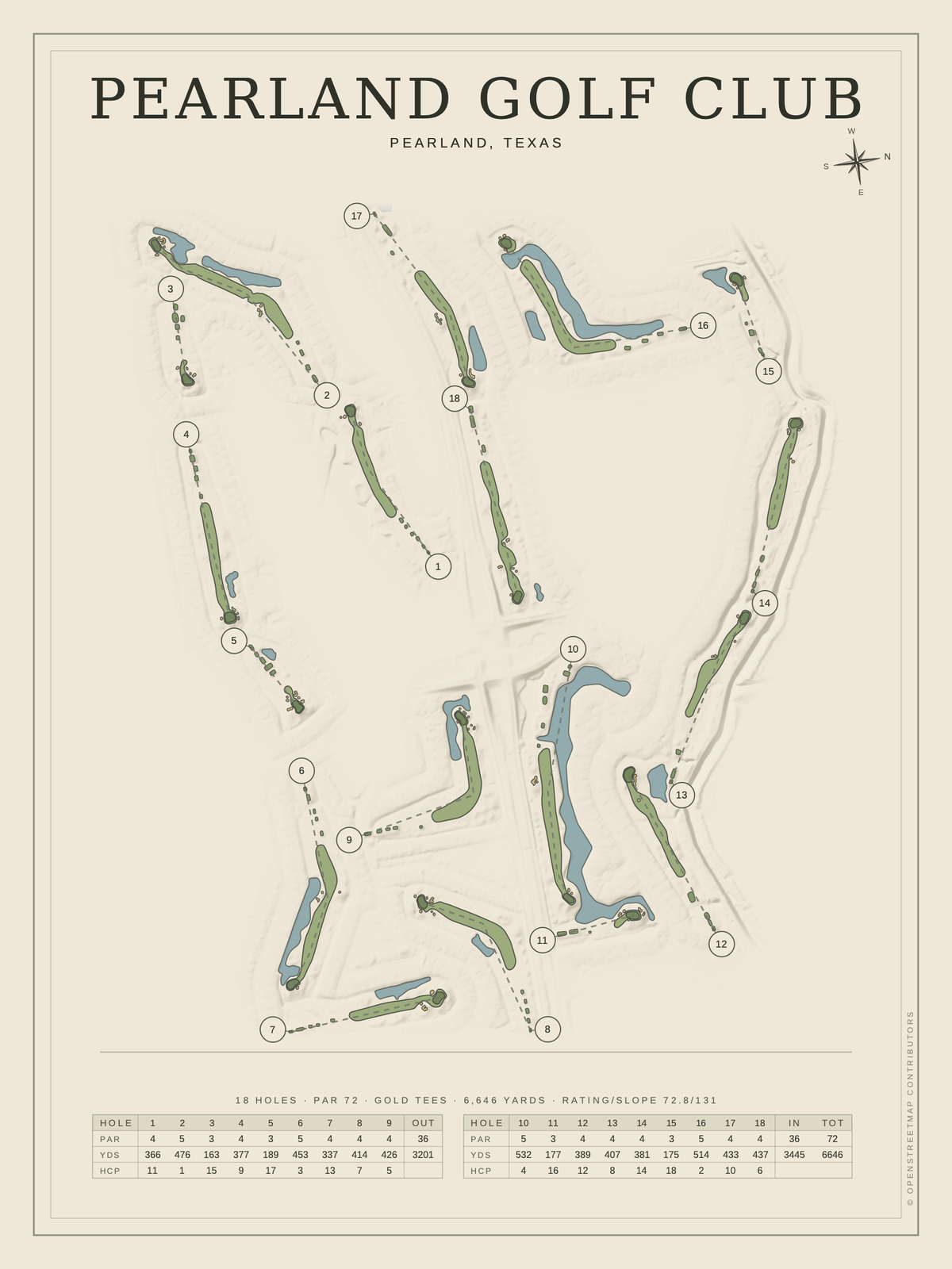Pearland Golf Club course map poster, Classic style, 12×16 / 18×24