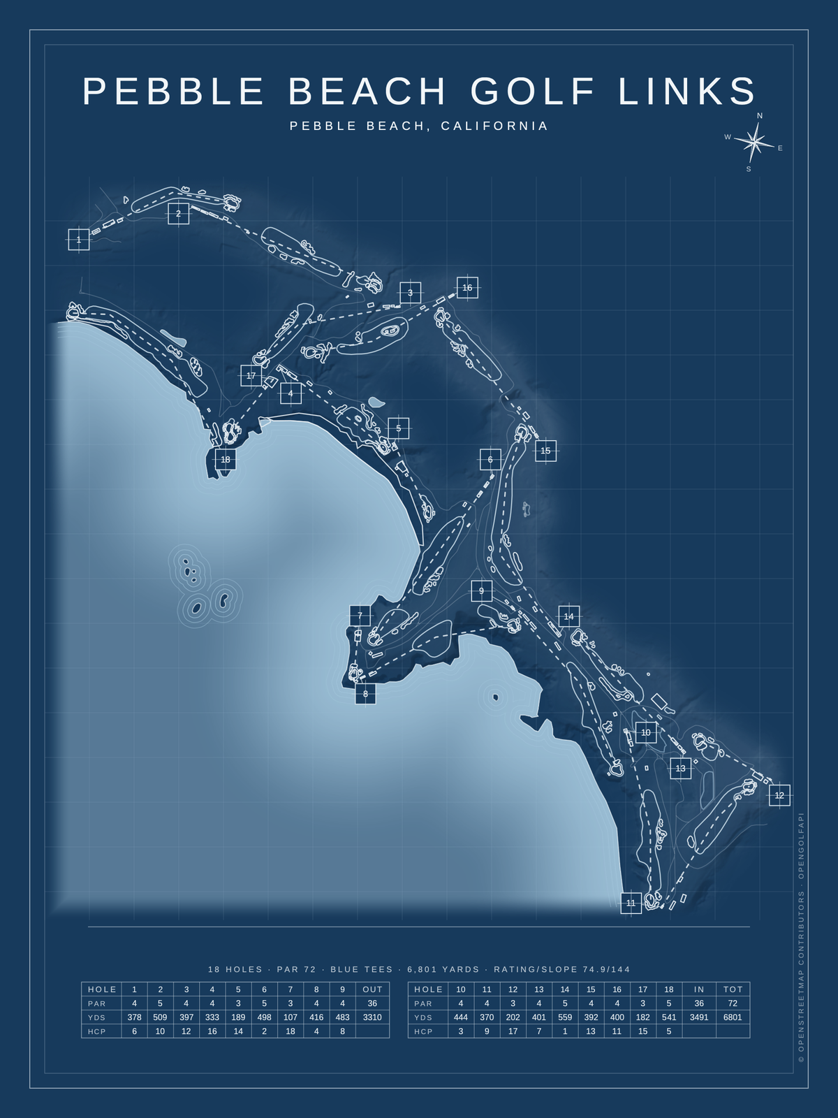 Pebble Beach Golf Links course map poster, Blueprint style, 12×16 / 18×24