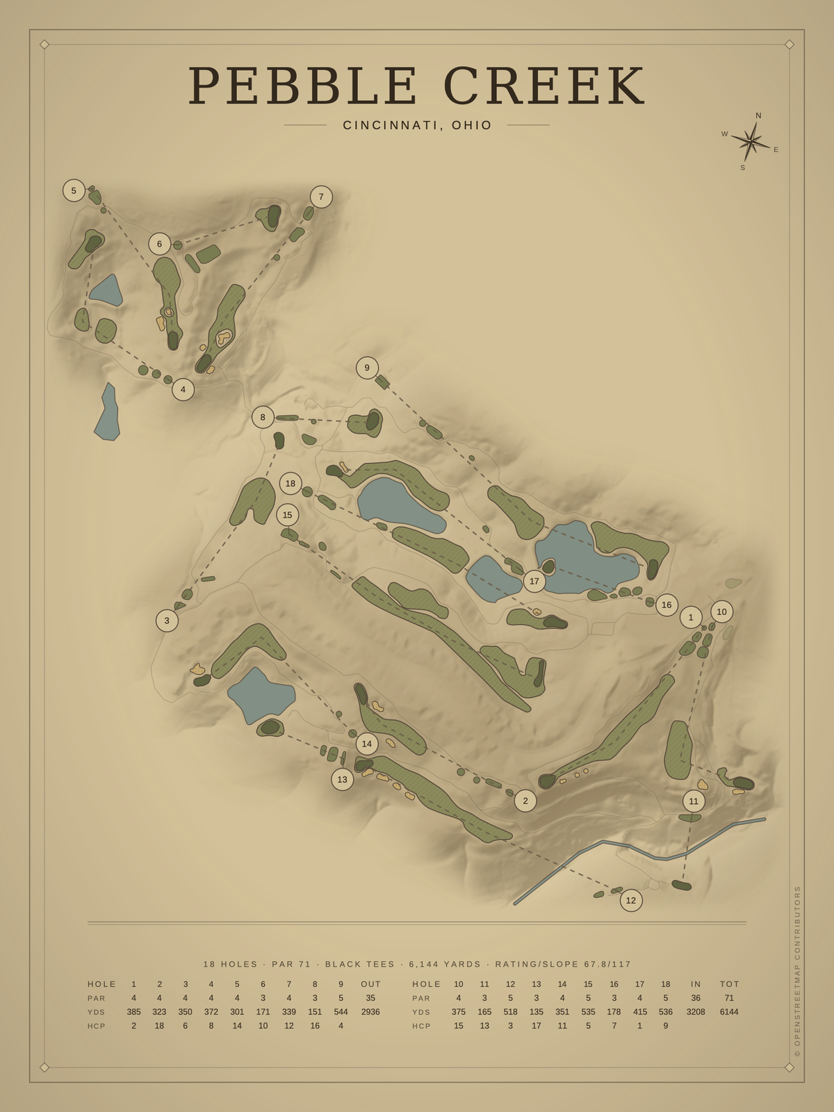 Pebble Creek course map poster, Vintage style, 12×16 / 18×24