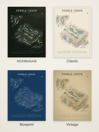 Pebble Creek course map poster in four styles: Architectural, Classic, Blueprint and Vintage