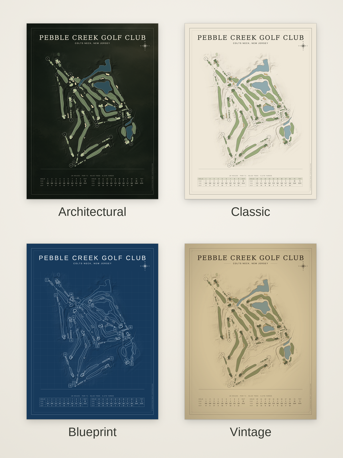 Pebble Creek Golf Club course map poster in four styles: Architectural, Classic, Blueprint and Vintage