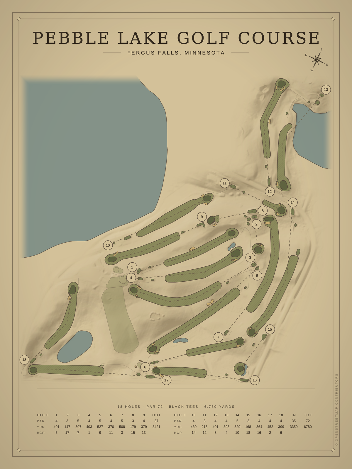 Pebble Lake Golf Course map poster, Vintage style, 12×16 / 18×24
