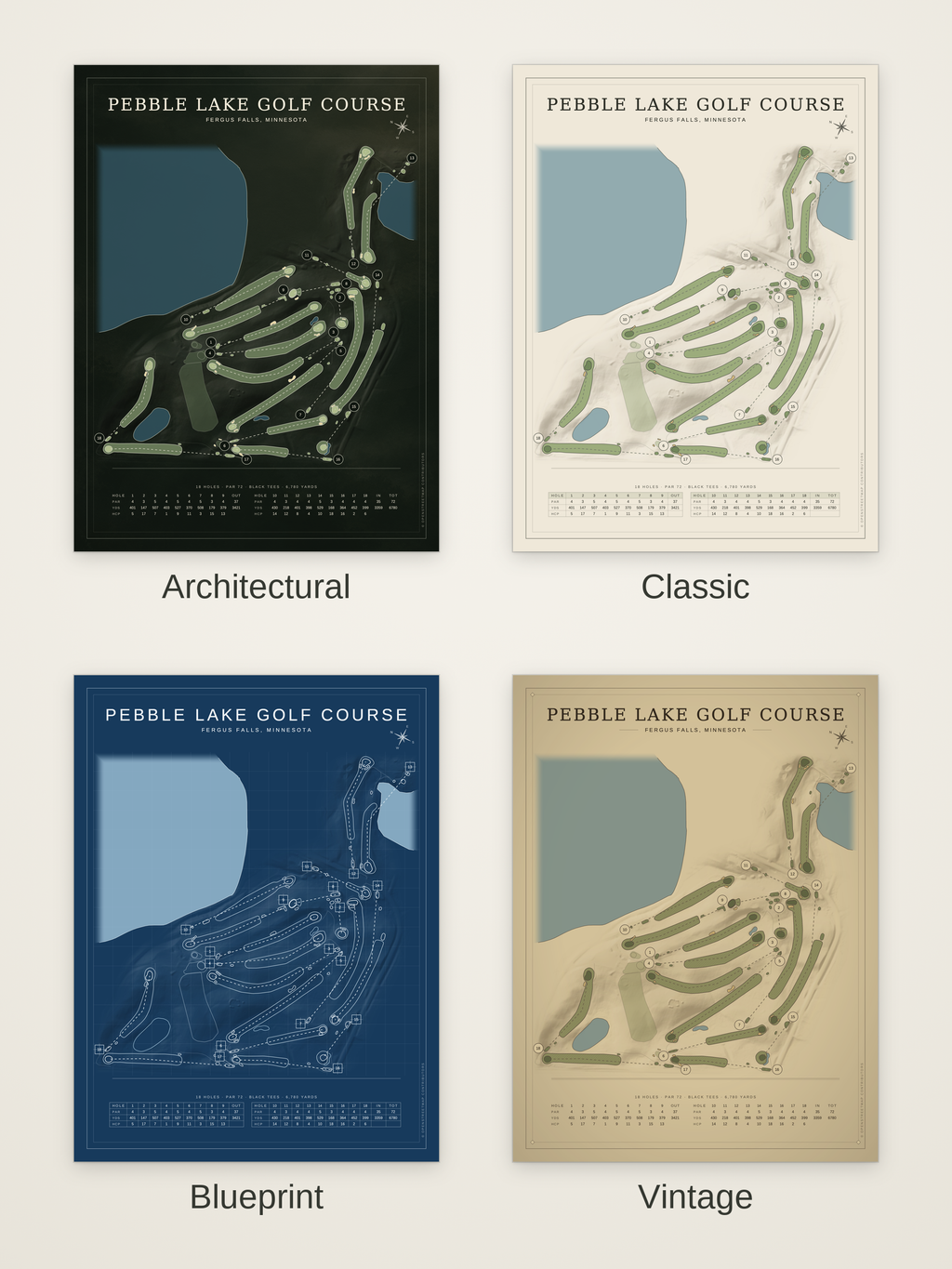 Pebble Lake Golf Course map poster in four styles: Architectural, Classic, Blueprint and Vintage