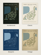 Pebble Lake Golf Course map poster in four styles: Architectural, Classic, Blueprint and Vintage