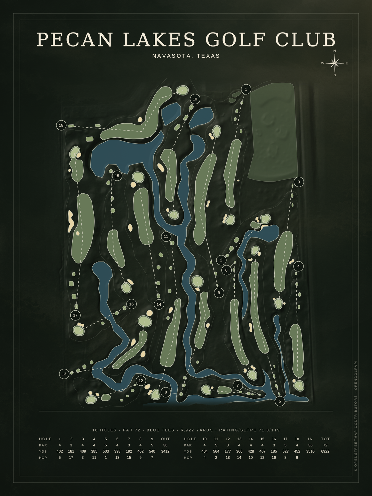Pecan Lakes Golf Club course map poster, Architectural style, 12×16 / 18×24