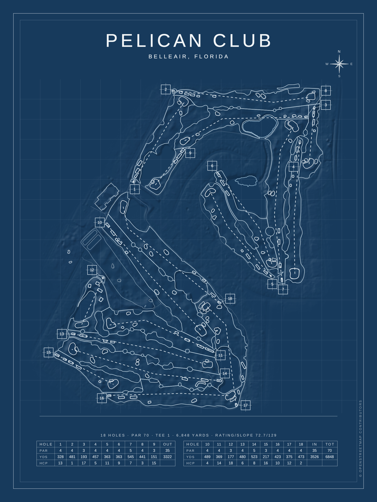 Pelican Club course map poster, Blueprint style, 12×16 / 18×24