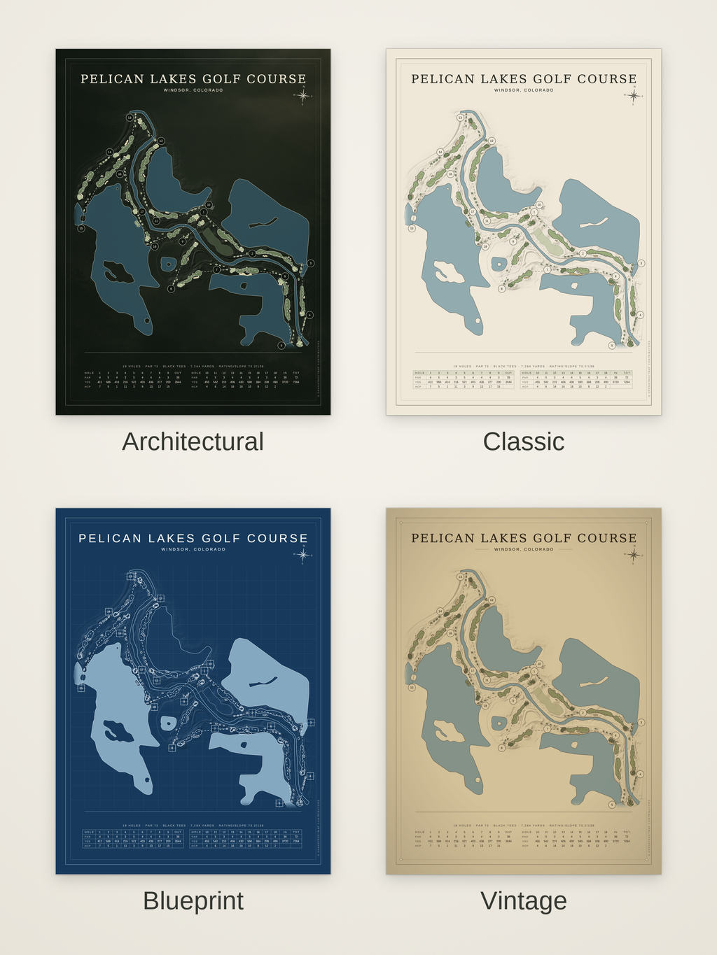 Pelican Lakes Golf Course map poster in four styles: Architectural, Classic, Blueprint and Vintage