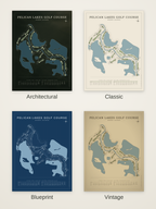 Pelican Lakes Golf Course map poster in four styles: Architectural, Classic, Blueprint and Vintage