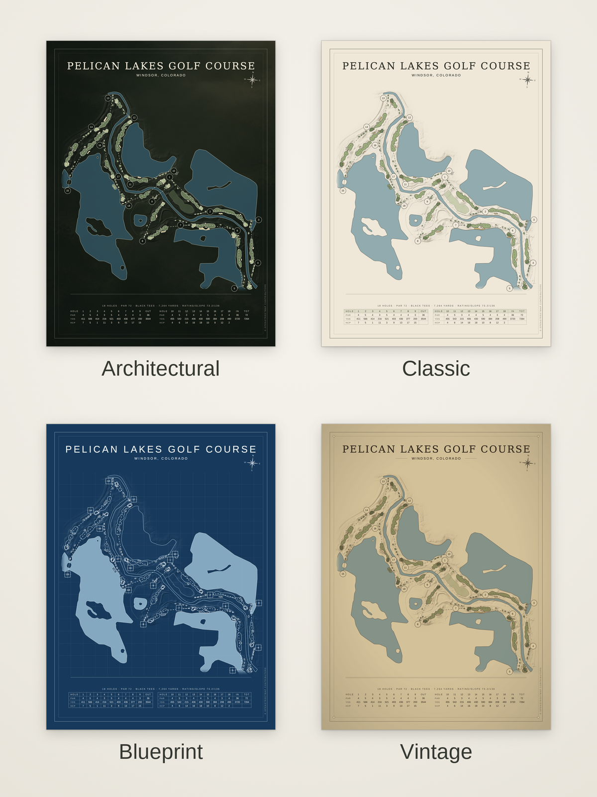 Pelican Lakes Golf Course map poster in four styles: Architectural, Classic, Blueprint and Vintage