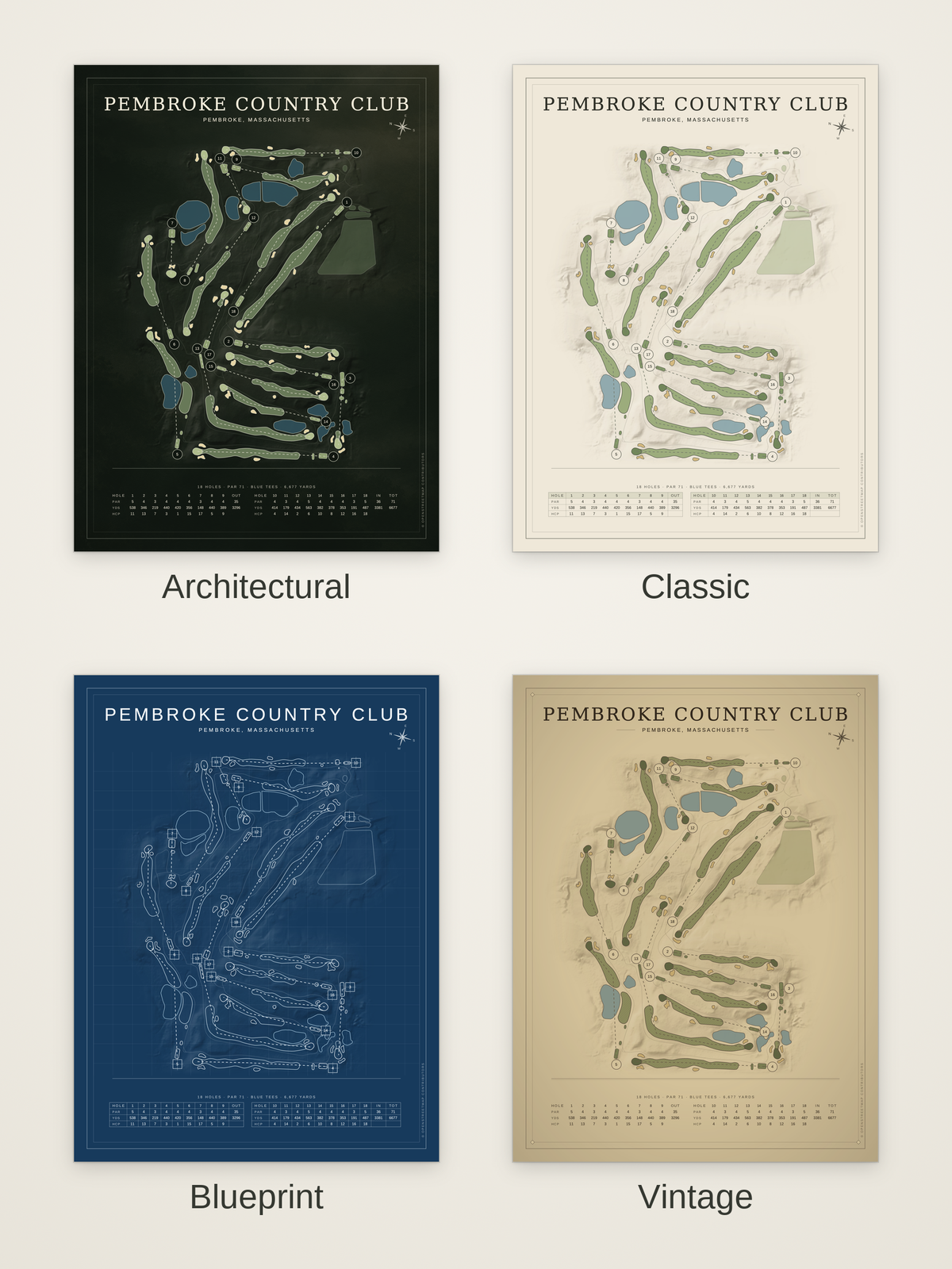Pembroke Country Club course map poster in four styles: Architectural, Classic, Blueprint and Vintage