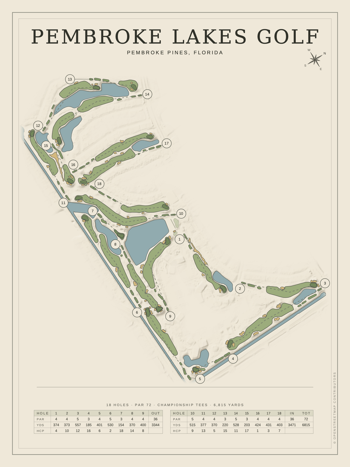 Pembroke Lakes Golf course map poster, Classic style, 12×16 / 18×24