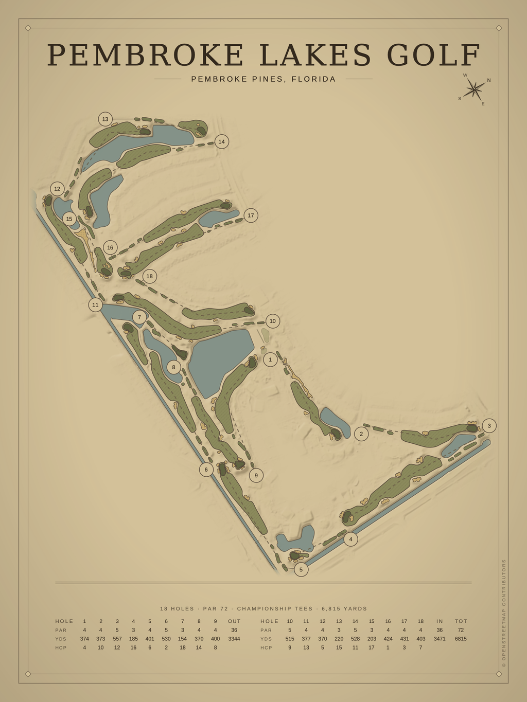 Pembroke Lakes Golf course map poster, Vintage style, 12×16 / 18×24
