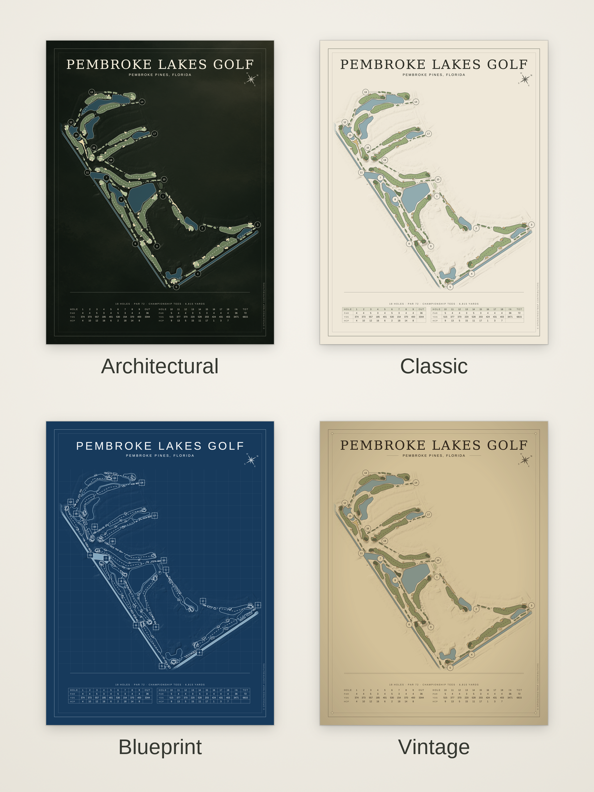 Pembroke Lakes Golf course map poster in four styles: Architectural, Classic, Blueprint and Vintage