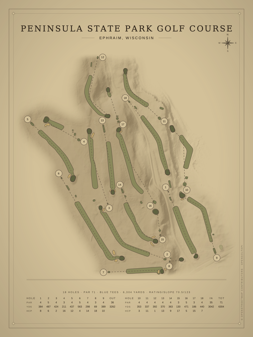 Peninsula State Park Golf Course map poster, Vintage style, 12×16 / 18×24