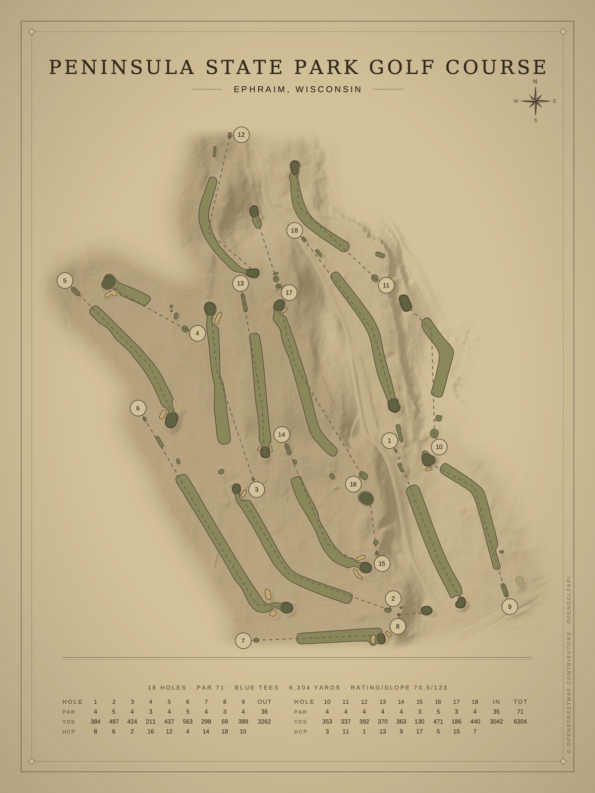 Peninsula State Park Golf Course map poster, Vintage style, 12×16 / 18×24