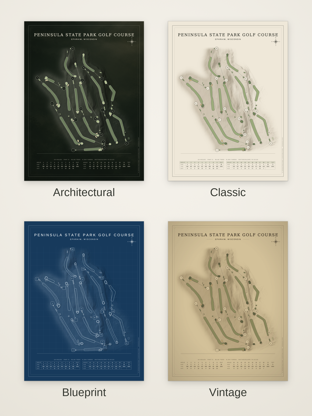 Peninsula State Park Golf Course map poster in four styles: Architectural, Classic, Blueprint and Vintage