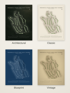 Peninsula State Park Golf Course map poster in four styles: Architectural, Classic, Blueprint and Vintage