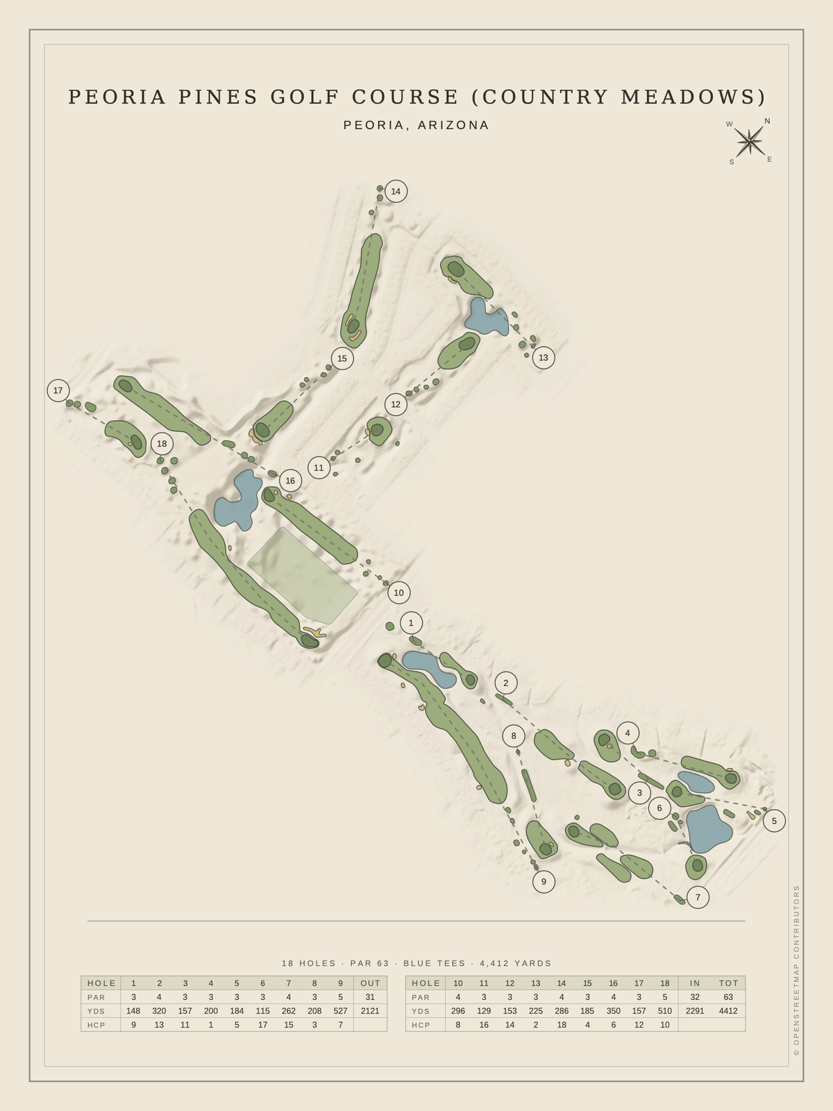 Peoria Pines Golf Course (Country Meadows) course map poster, Classic style, 12×16 / 18×24