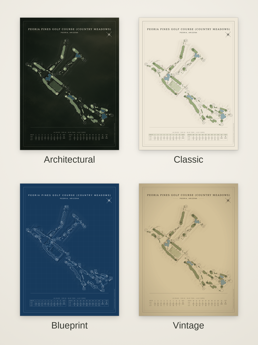 Peoria Pines Golf Course (Country Meadows) course map poster in four styles: Architectural, Classic, Blueprint and Vintage