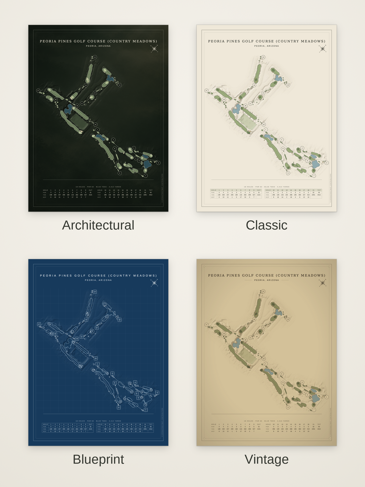 Peoria Pines Golf Course (Country Meadows) course map poster in four styles: Architectural, Classic, Blueprint and Vintage