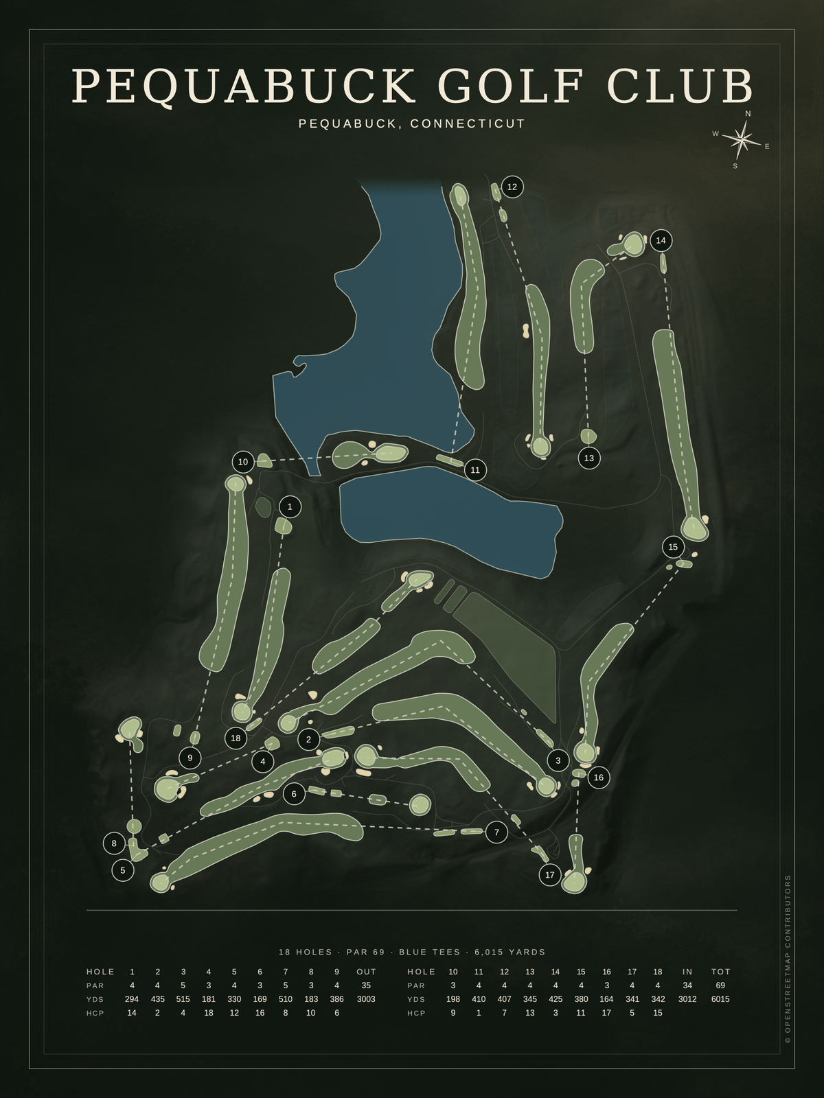 Pequabuck Golf Club course map poster, Architectural style, 12×16 / 18×24